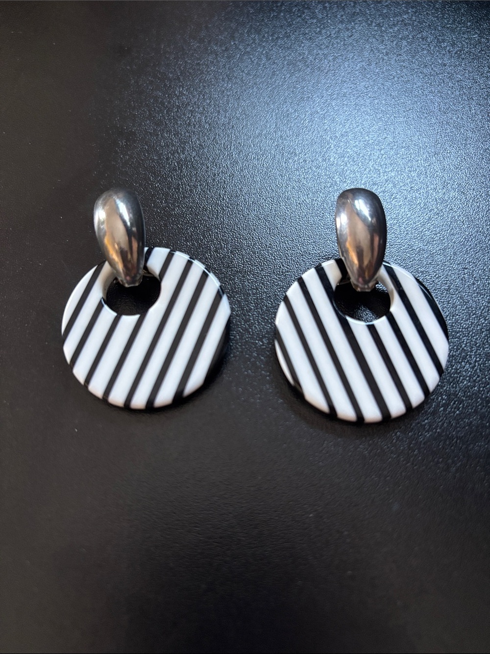 Black and White Striped Round Drop Earrings - Women Jewelry